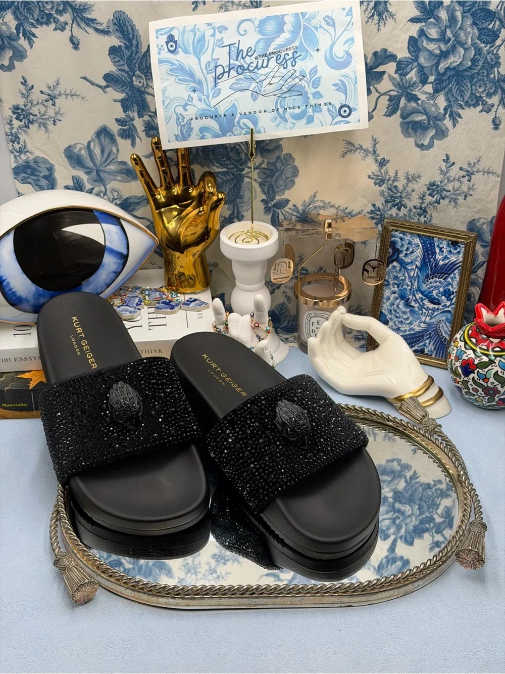 🆕 KURT GEIGER LONDON 🧿 NWOB Brockwell Strass Black Crystal Slide Sandal